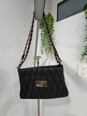 Valentino Black Quilted Shoulder Bag with Gold Plaque and Chain Strap